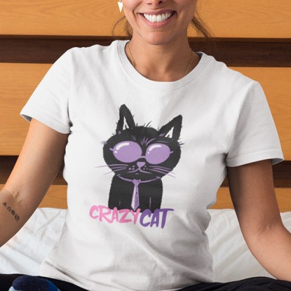 T-shirt crazy cat blanc