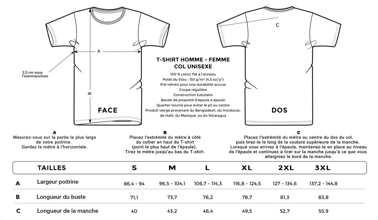 guide de taille tee shirt